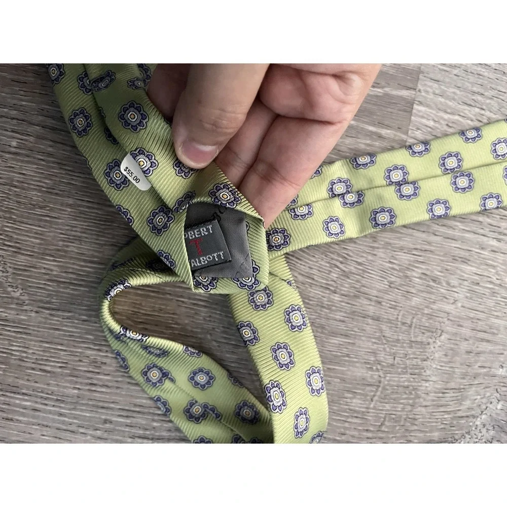 Luxury ROBERT TALBOTT Pure Silk Tie Pistachio Green Purple Pattern Newport